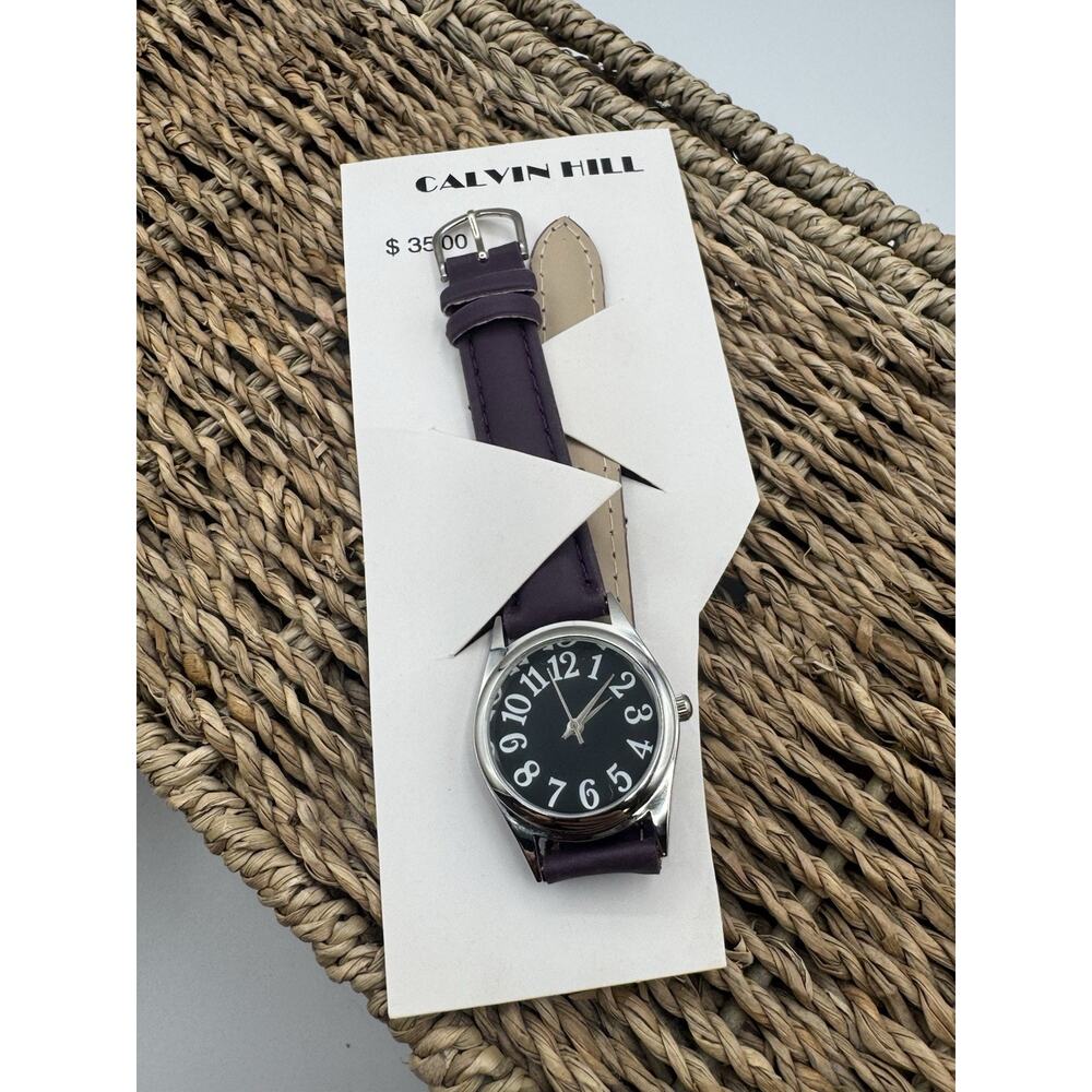 VTG Calvin Hill Womens Watch Black Face Purple Band Silver Tone Wristwatch New